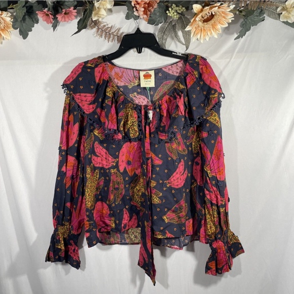 NWT Farm Rio [ Small ] Patchwork Bananas Ruffle Long Sleeve Blouse in Blue‎ - Picture 1 of 13